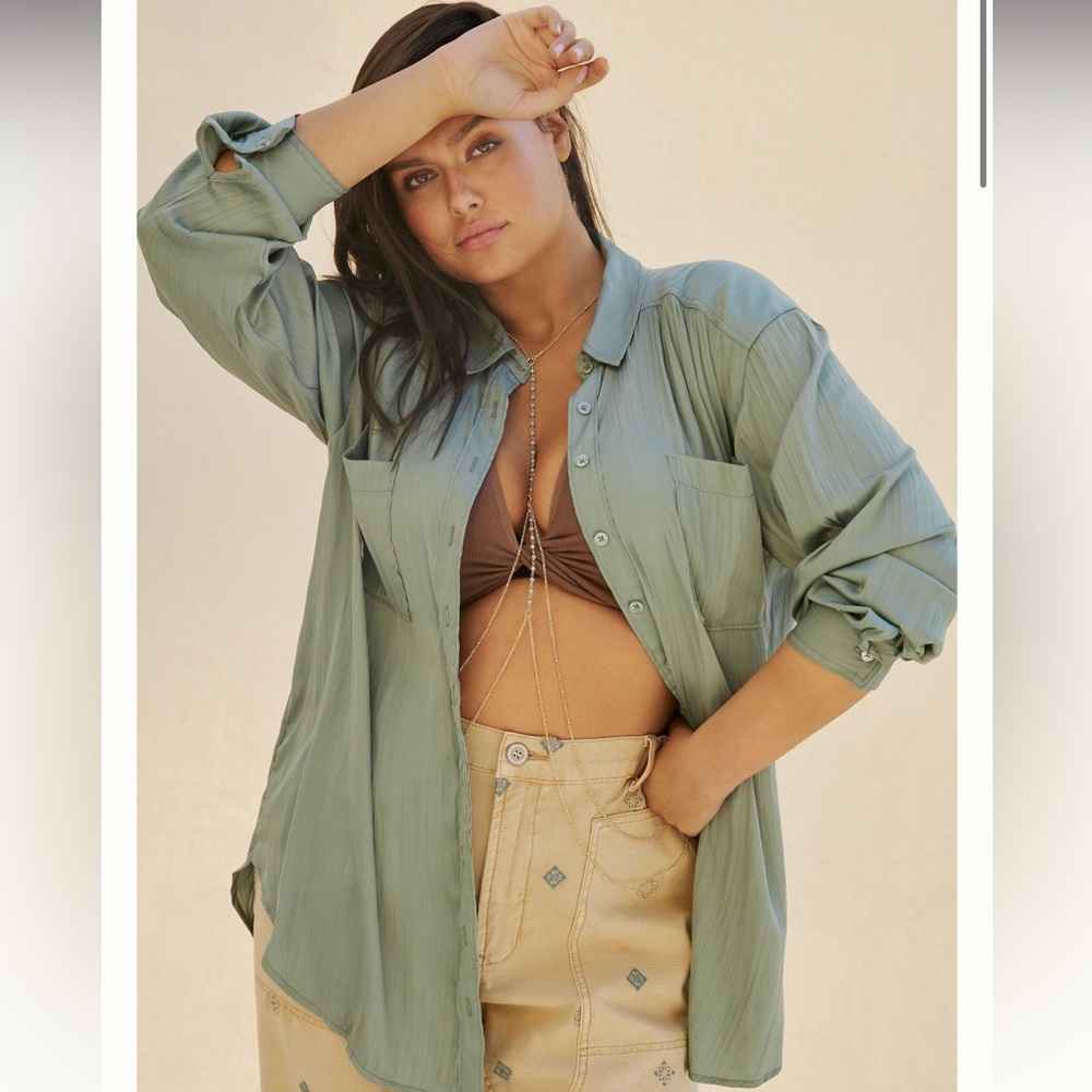 Anthropologie Relaxed Button Down Shirt Moss Green Lightweight Size S